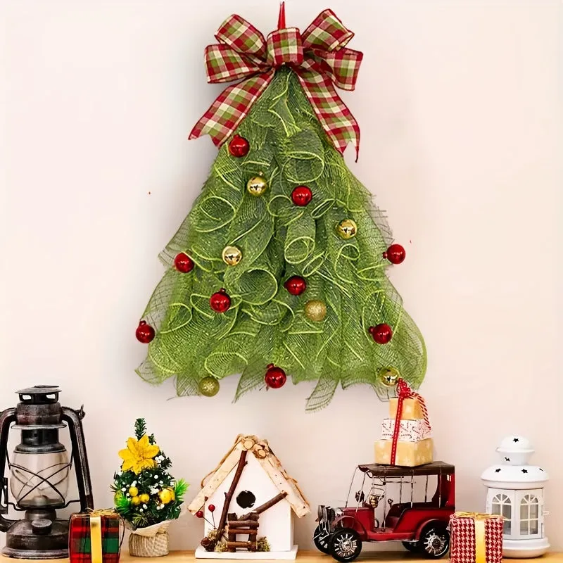 21-inch Merry Christmas Tree Garland, Classic Red and Green Ball Front Door Durable Plastic, Easy to Install, Perfect Christmas Eve Santa Hat Hanging Welcome Sign Home Decoration Indoor and Outdoor Holiday and Seasonal Decoration