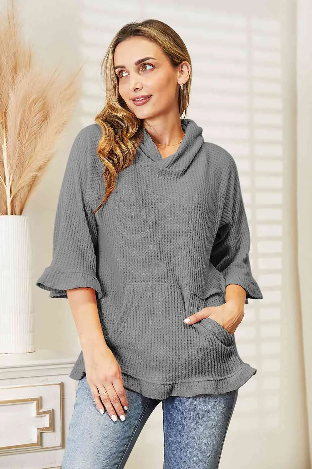 9 Waffle-Knit Ruffle Hem Hoodie (S - 3X)