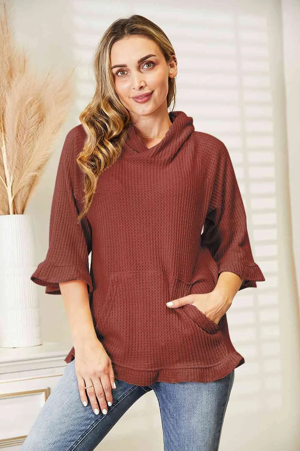 9 Waffle-Knit Ruffle Hem Hoodie (S - 3X)