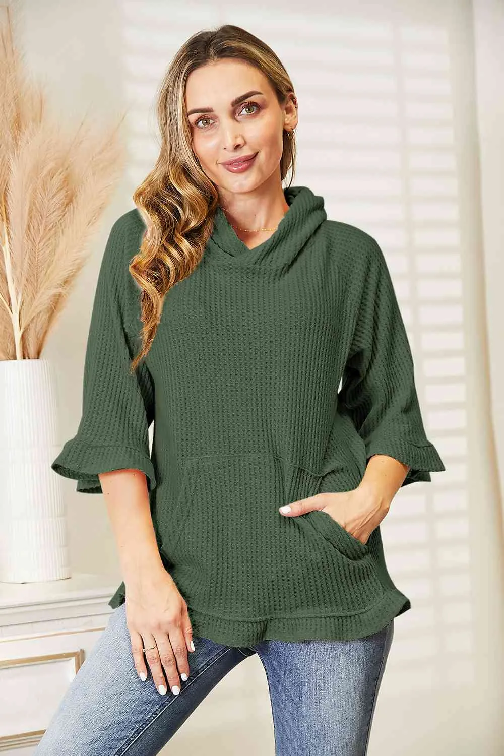 9 Waffle-Knit Ruffle Hem Hoodie (S - 3X)