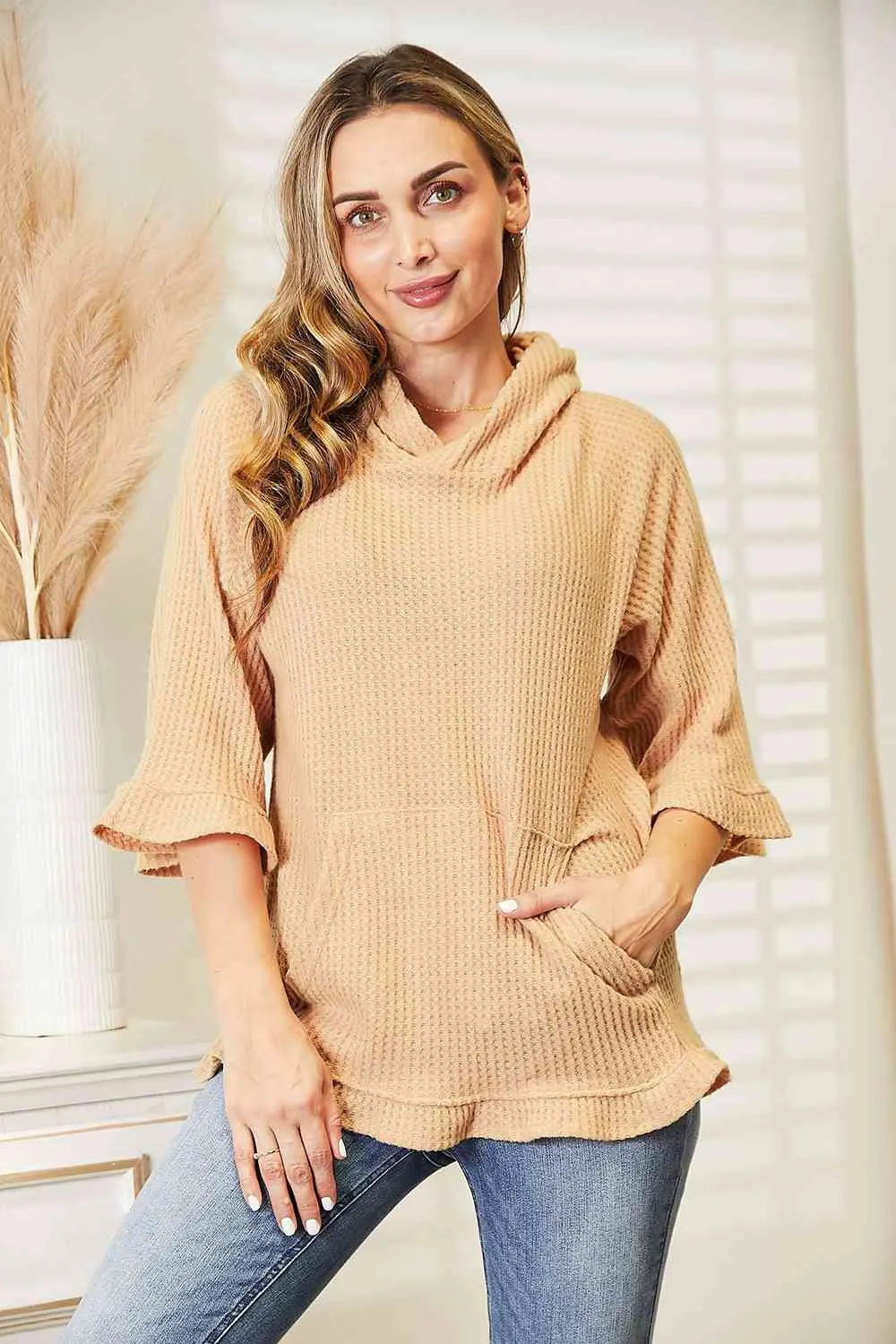 9 Waffle-Knit Ruffle Hem Hoodie (S - 3X)