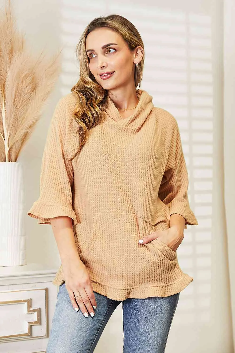 9 Waffle-Knit Ruffle Hem Hoodie (S - 3X)