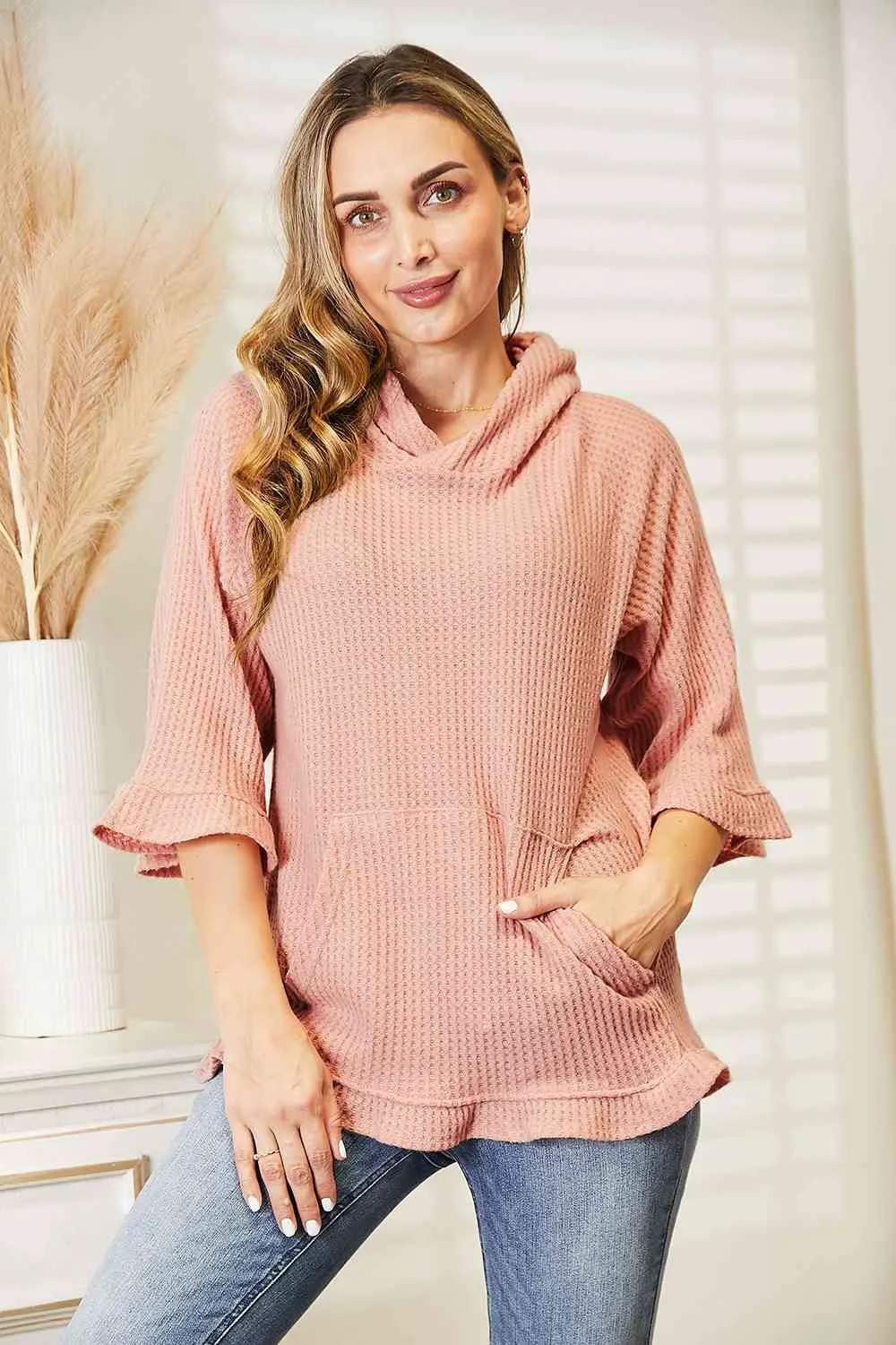 9 Waffle-Knit Ruffle Hem Hoodie (S - 3X)