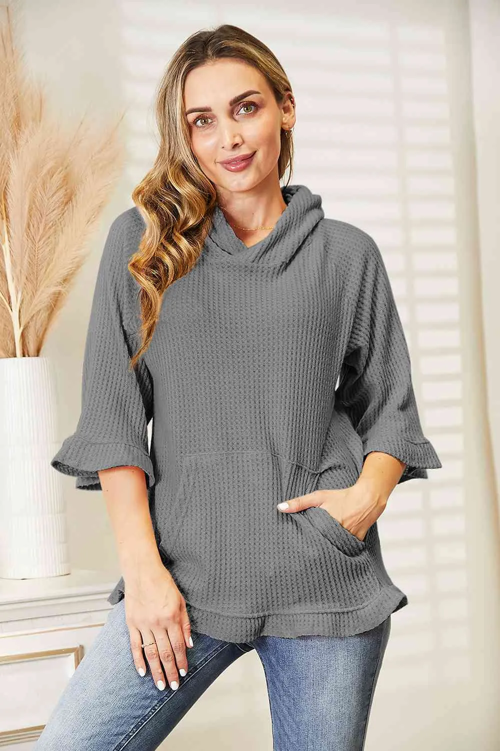 9 Waffle-Knit Ruffle Hem Hoodie (S - 3X)