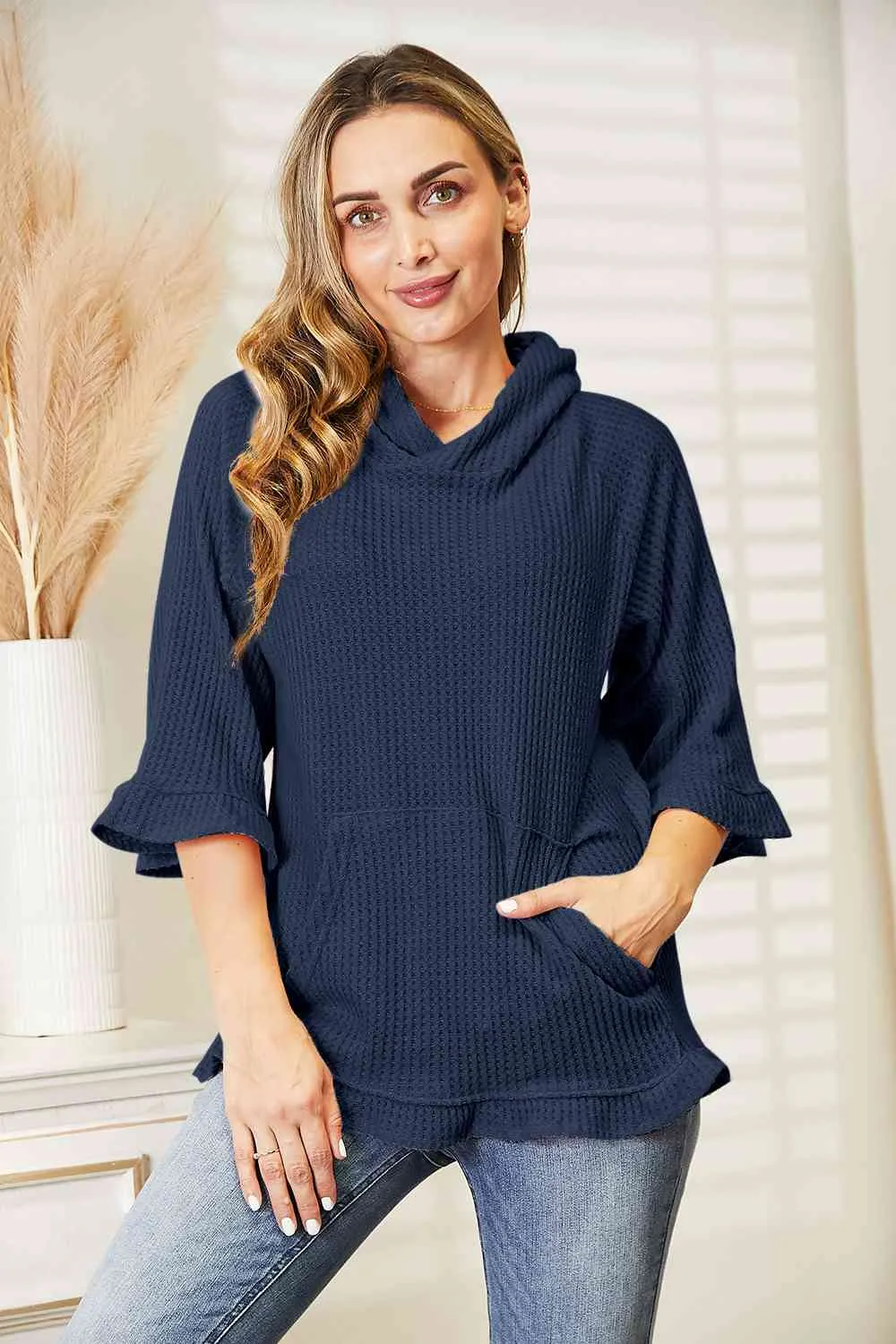 9 Waffle-Knit Ruffle Hem Hoodie (S - 3X)