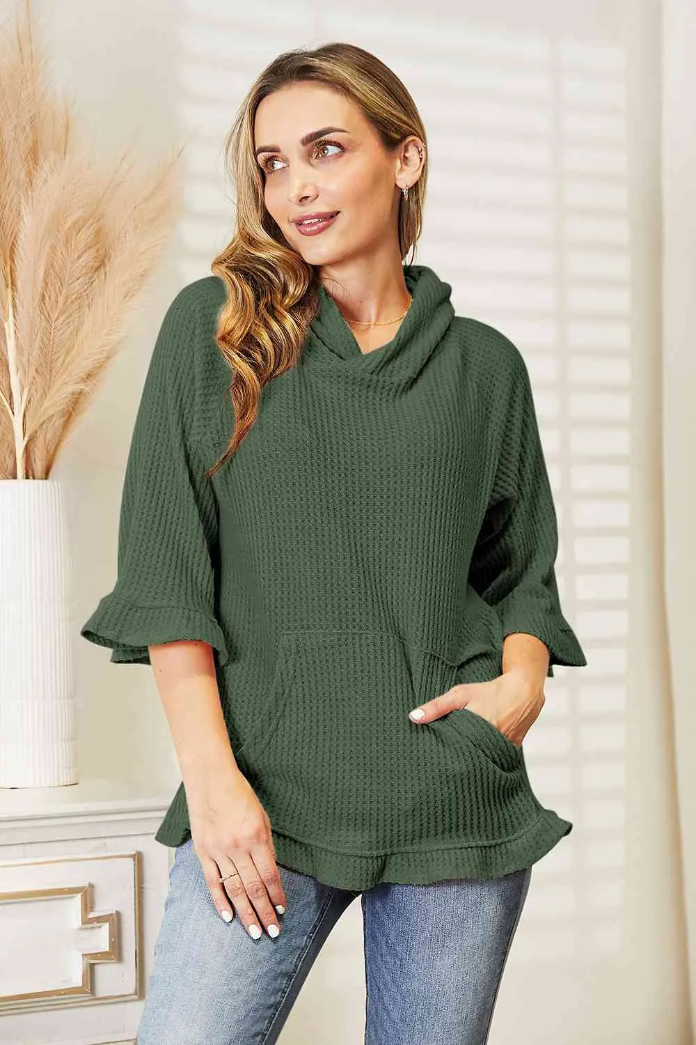 9 Waffle-Knit Ruffle Hem Hoodie (S - 3X)