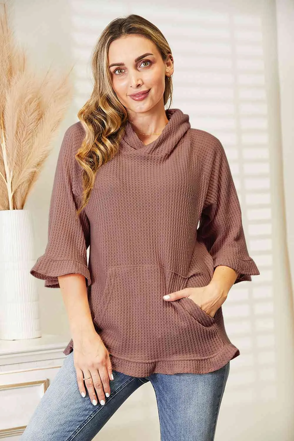 9 Waffle-Knit Ruffle Hem Hoodie (S - 3X)