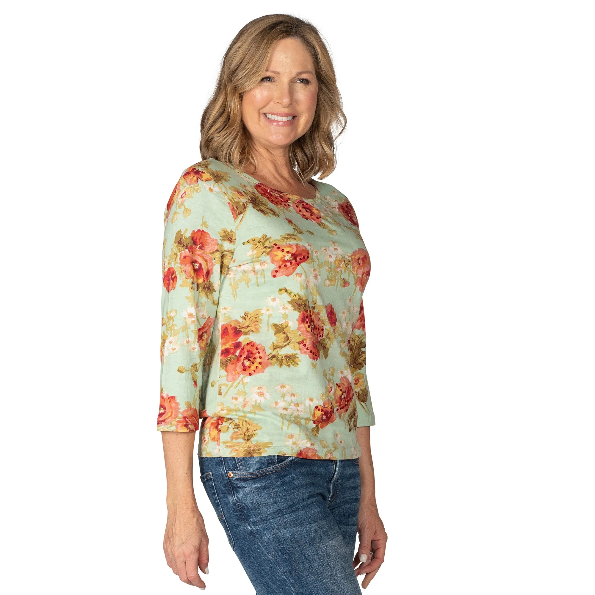 Aqua Floral Sequin 100% Cotton 3/4 Sleeve T-Shirt