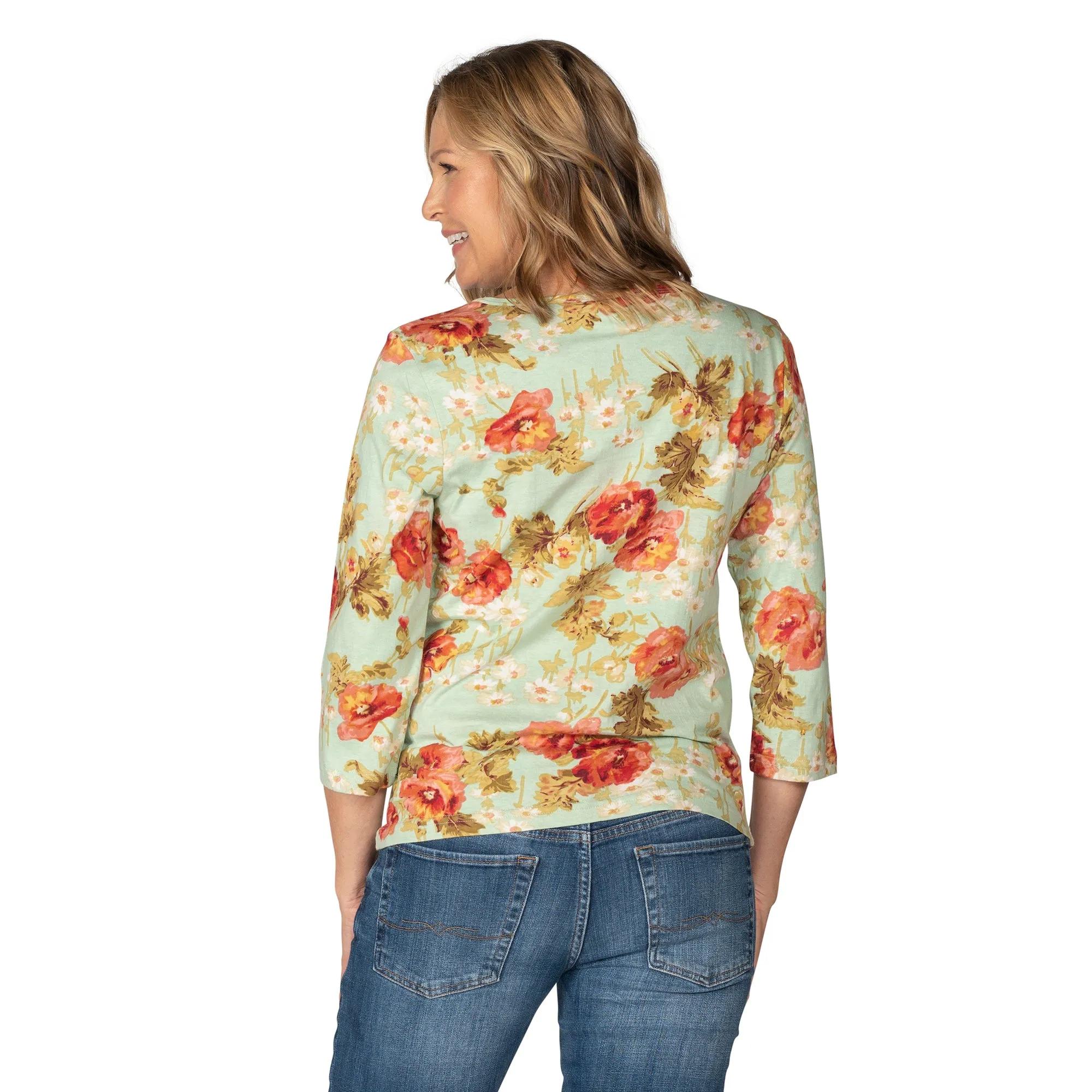 Aqua Floral Sequin 100% Cotton 3/4 Sleeve T-Shirt