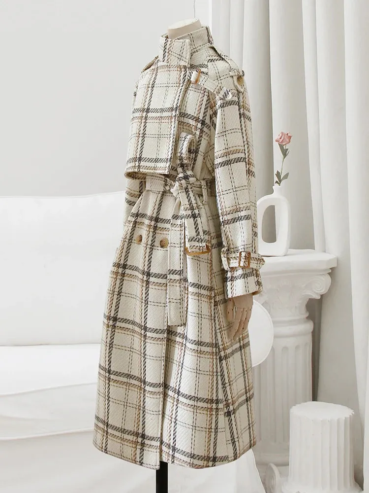 Autumn Winter Long Loose Warm Plaid Wool Blends Raglan Sleeve Belt Double Breasted Woolen Stylish Coat