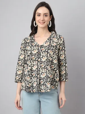 Black Cotton Floral Print Top