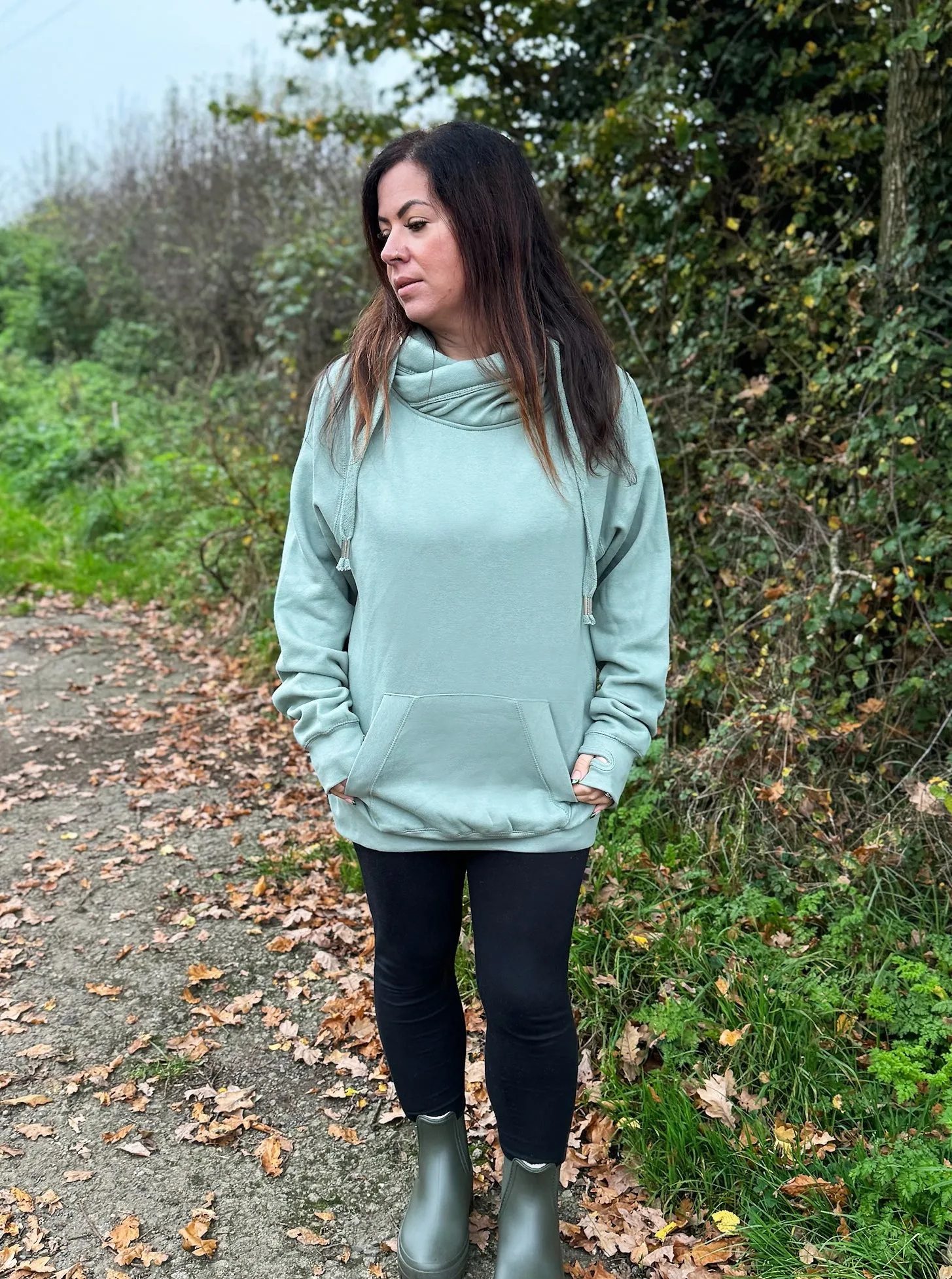 Classic Plain Cowl Neck Luxe Hoodie - Sage