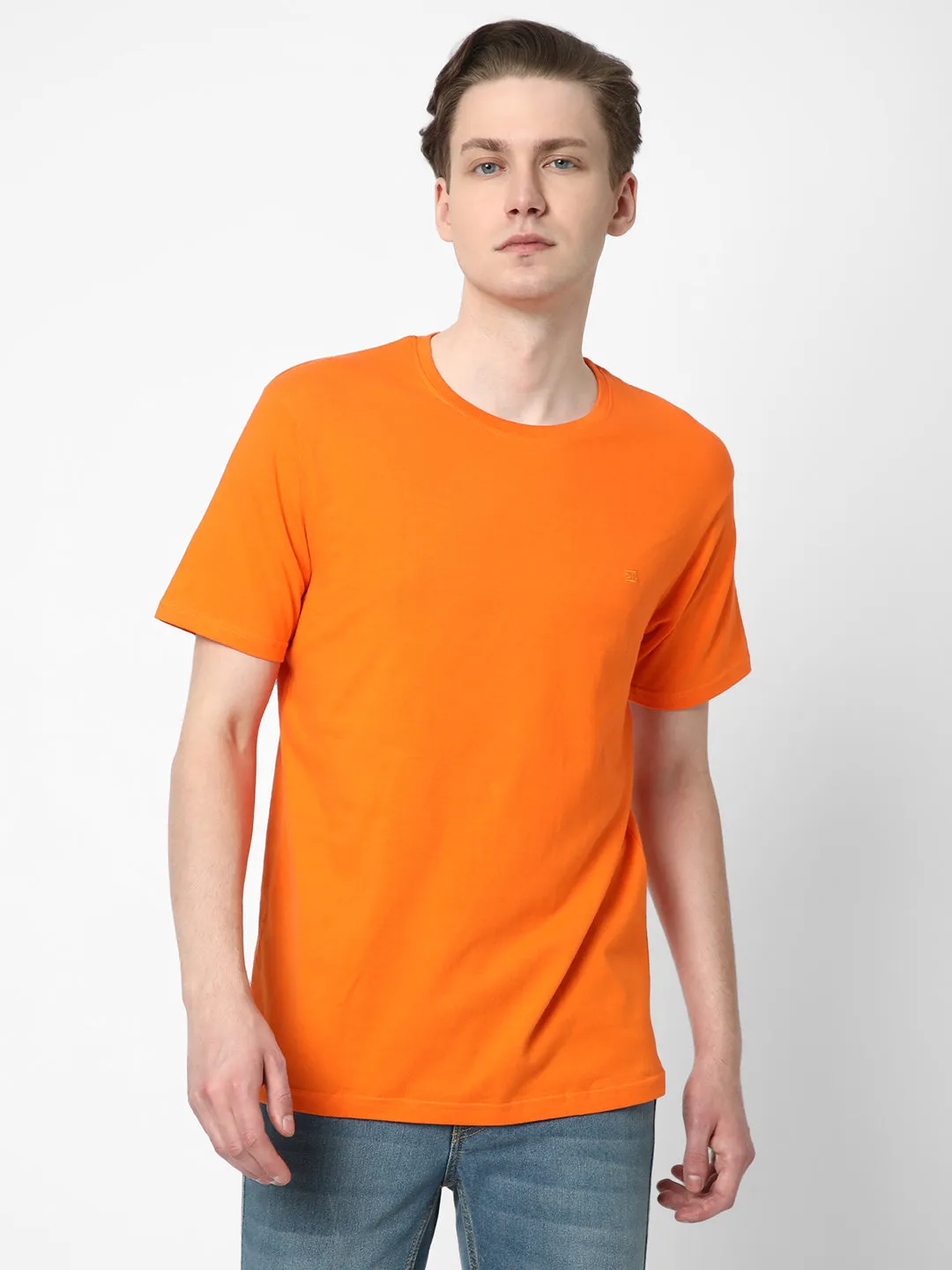 Cotstyle Cotton Fabrics Round Neck Short Length Plain Half Sleeve Casual & Daily Wear Men's T-Shirts -  Pack of 1 - Orange