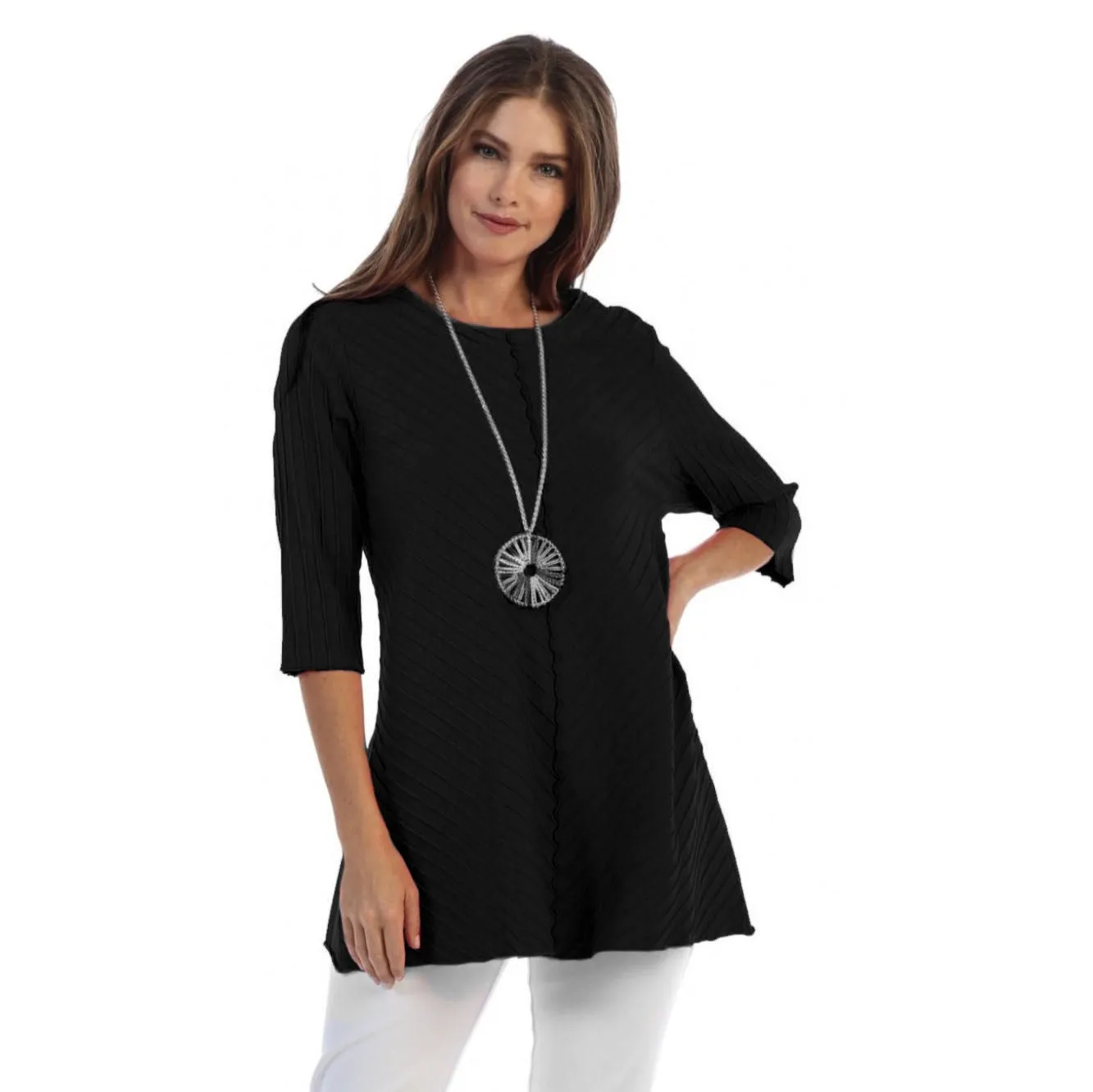 Focus Diagonal Rib High-Low Tunic in Black - CS-342