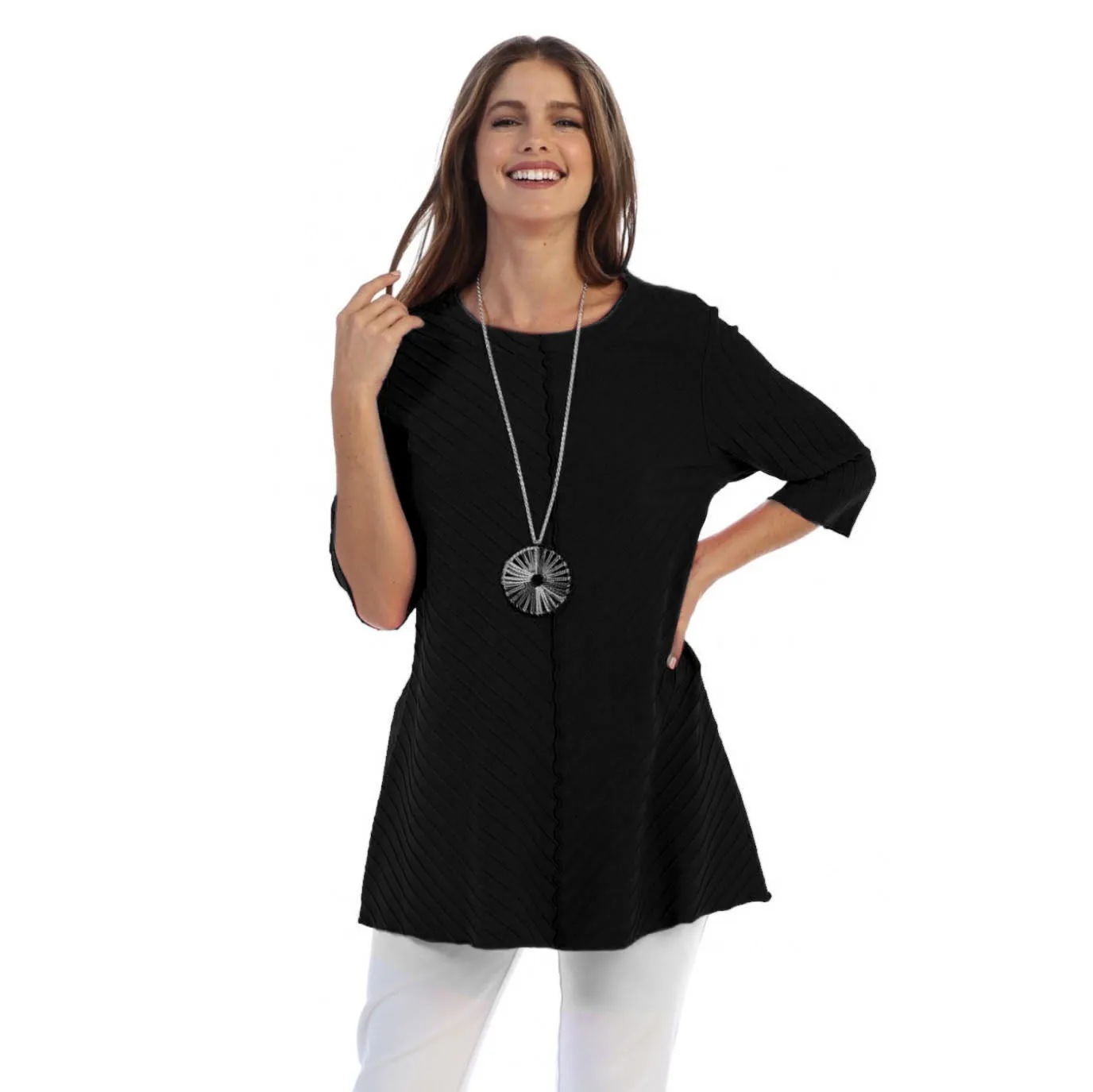 Focus Diagonal Rib High-Low Tunic in Black - CS-342