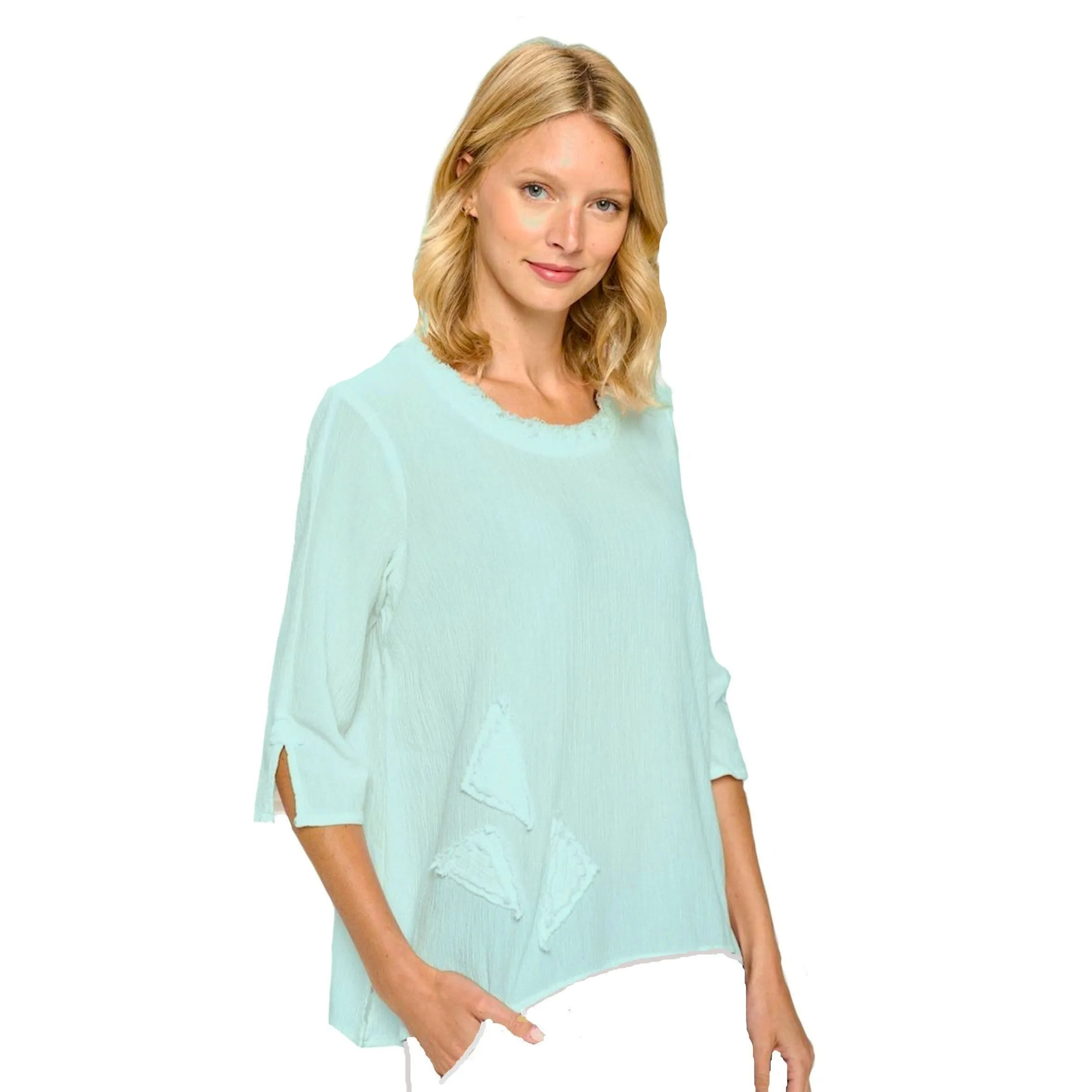 Focus Textured Patchwork Tunic Top W/ Raw-Edge Neckline in Aqua - CG-121-AQ