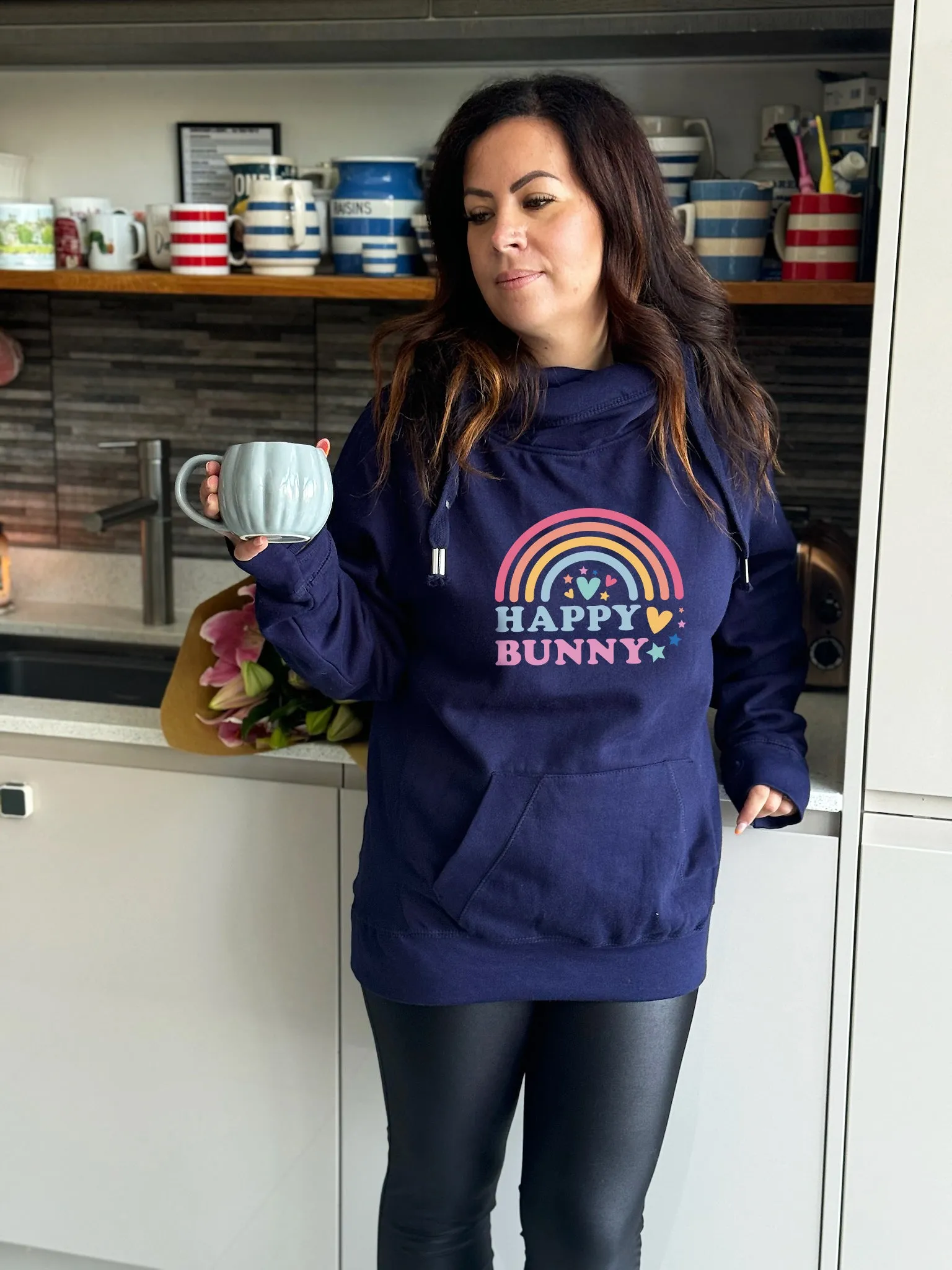 'Happy Bunny' Rainbow Luxe Hoodie - Navy