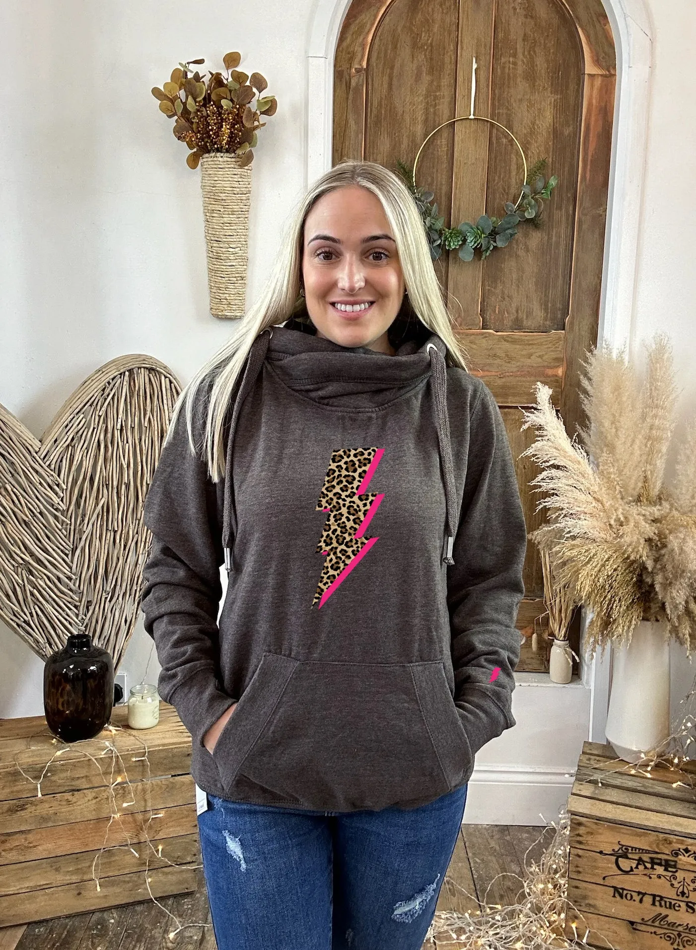 Hot Pink & Leopard Lightning Bolt Luxe Hoodie - Charcoal