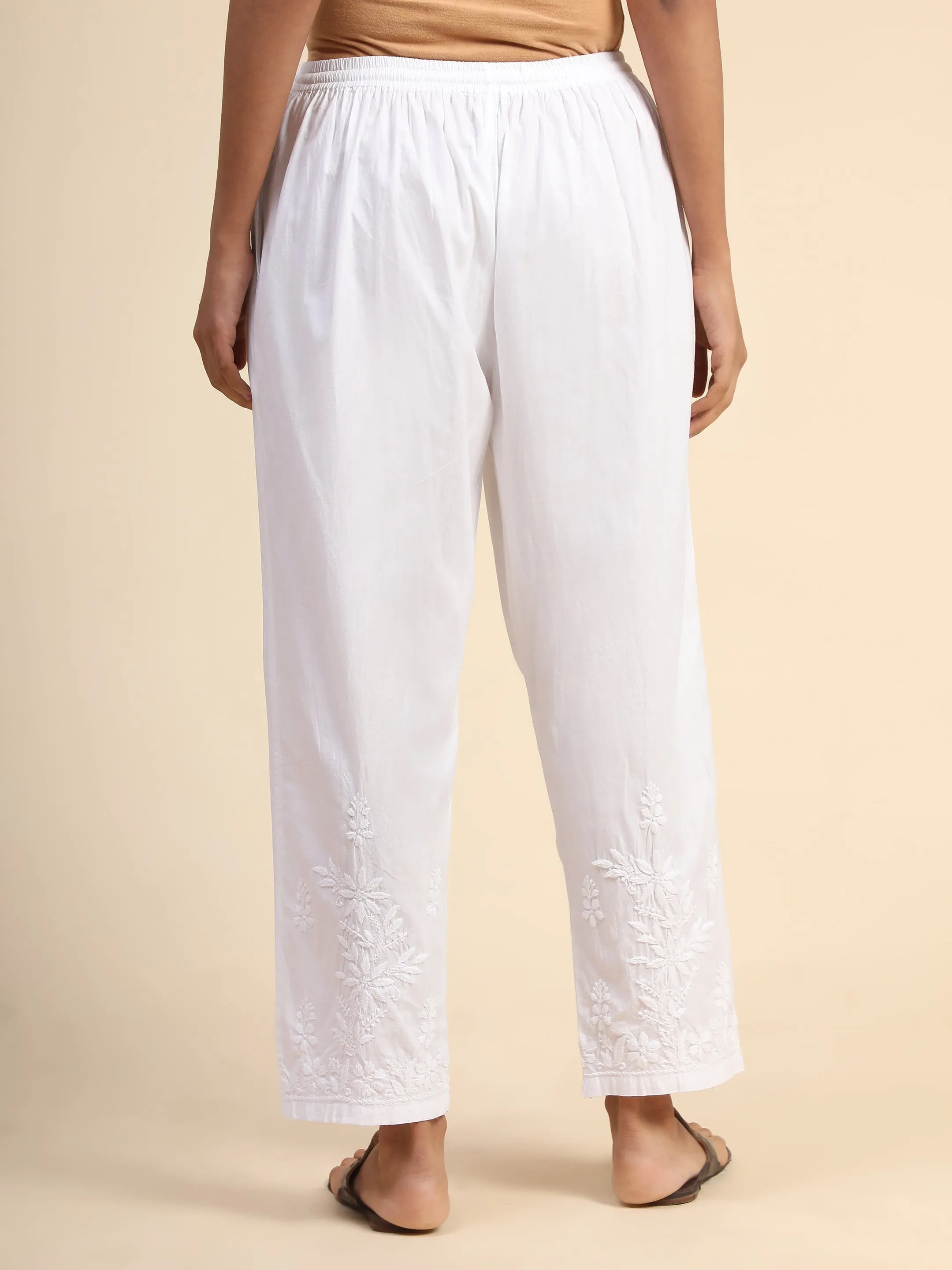 House Of Kari Chikankari Embroidered Cotton White Relaxed Pants-10