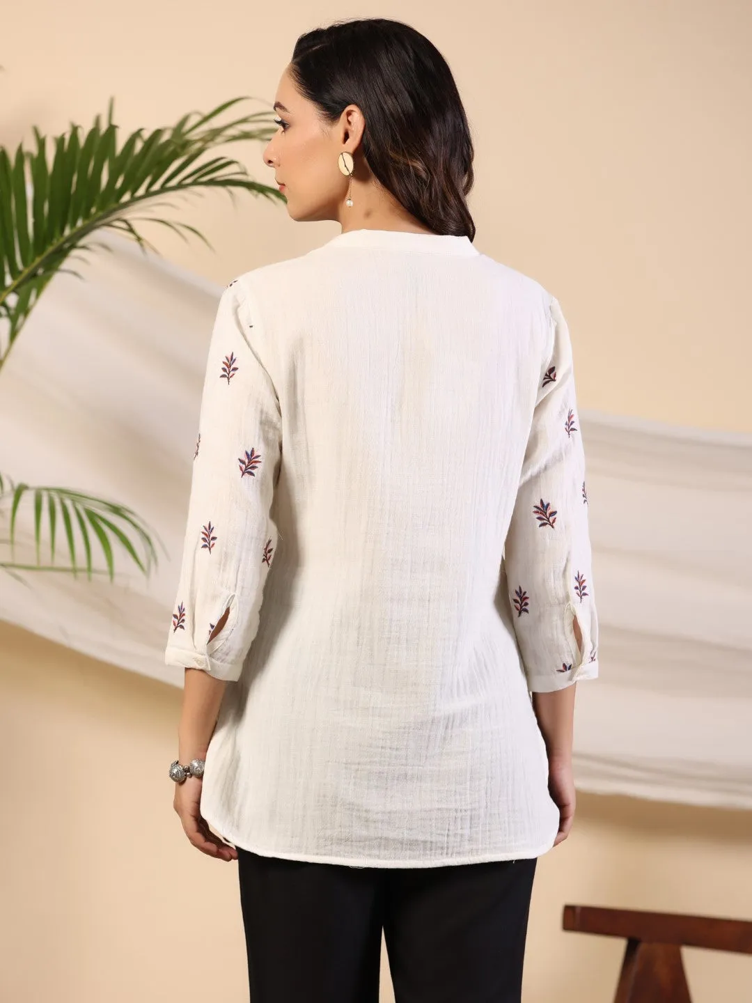 Juniper Ivory Women Floral Embroidered High-Low Cotton Tunic With Half Placket