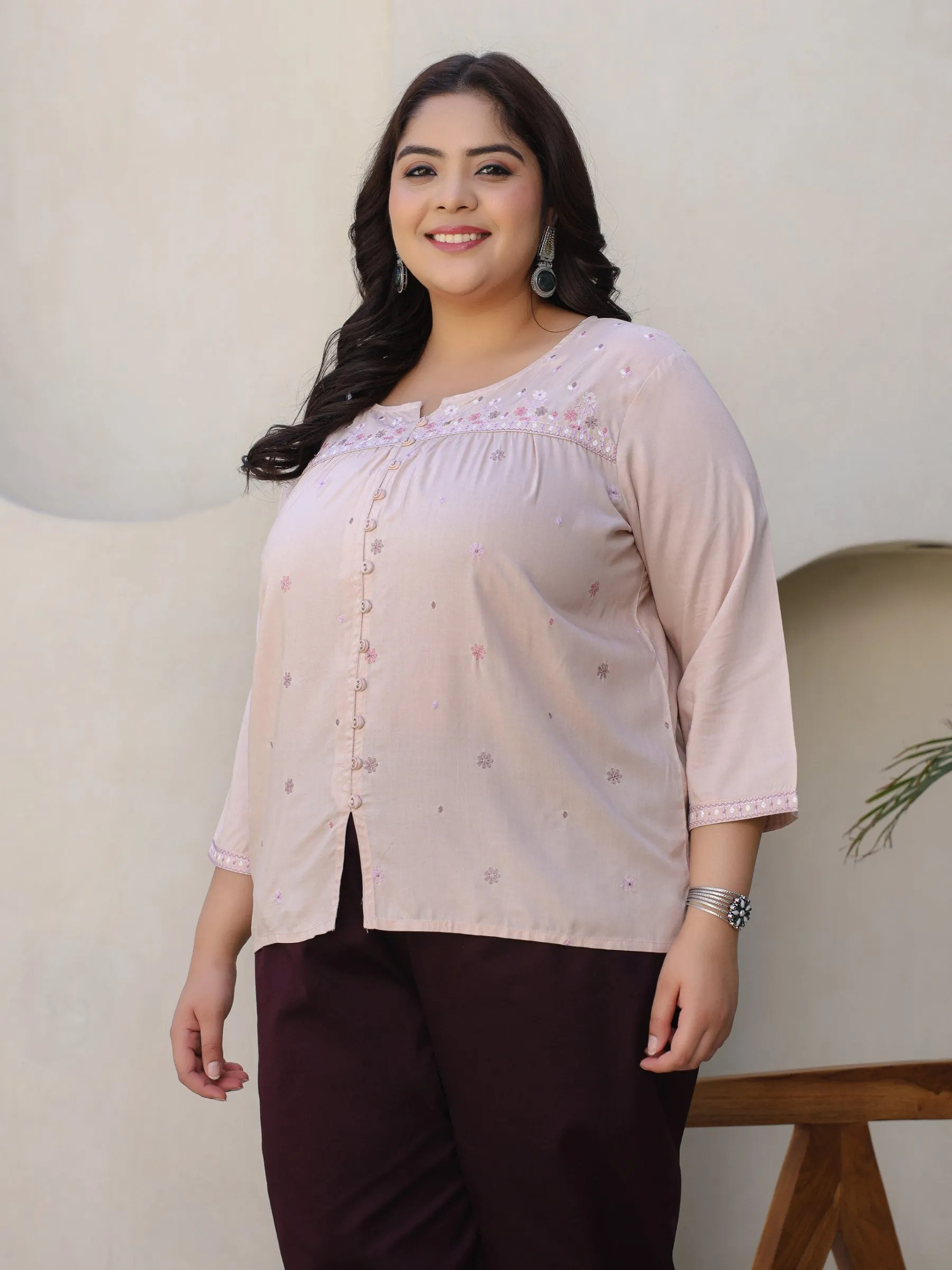 Juniper Nude Gathered Rayon Plus Size Tunic With Thread Embroidery