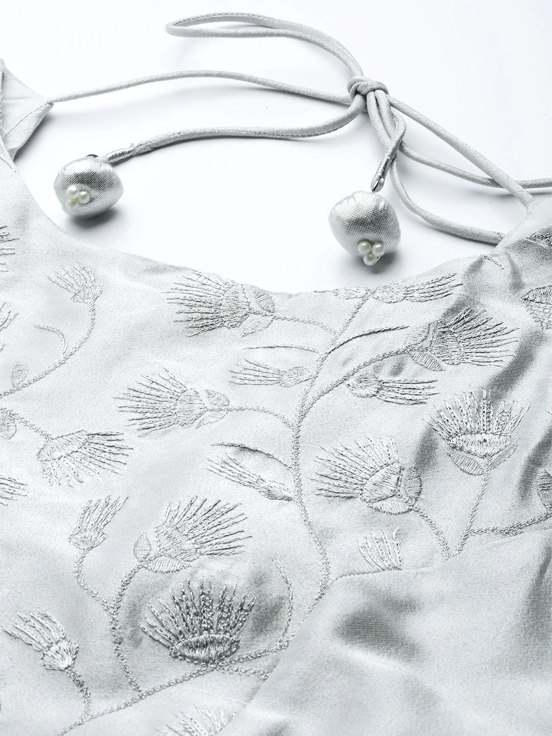 Juniper Silver Floral Printed Shimer Embroidered Blouse With Zari Work