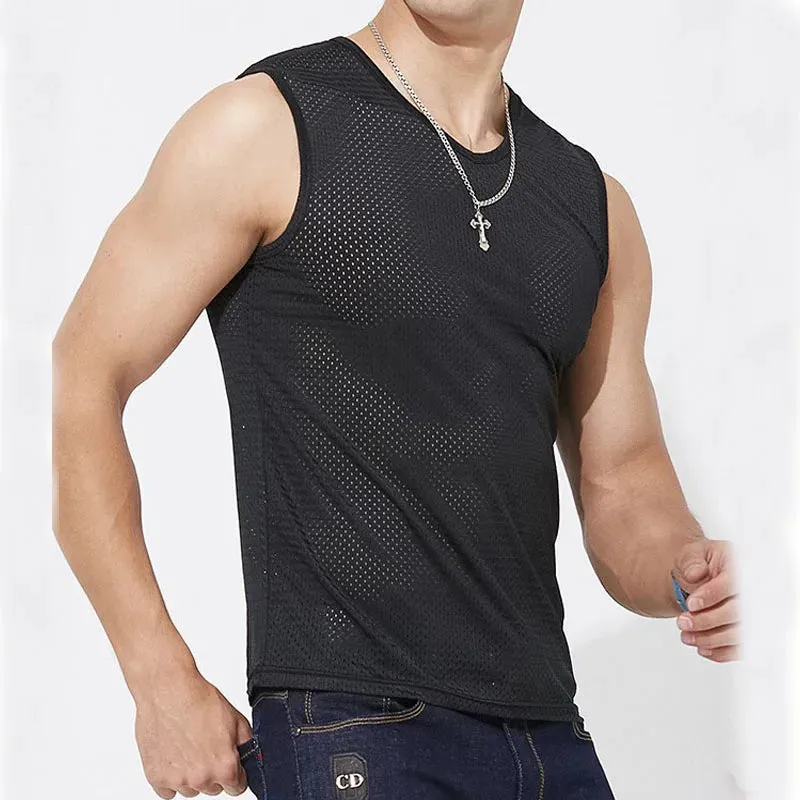 Men's Ice Silk Mesh Tank - Transparent Gym Stringer Bodybuilding Vest