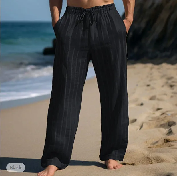 Men's Linen Drawstring Elastic Waist Straight Striped Comfortable Breathable Casual Pants