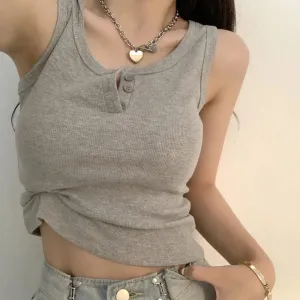 Solid Sleeveless Ribbed Knit Top Cropped Woman Comfortable Summer Clothes