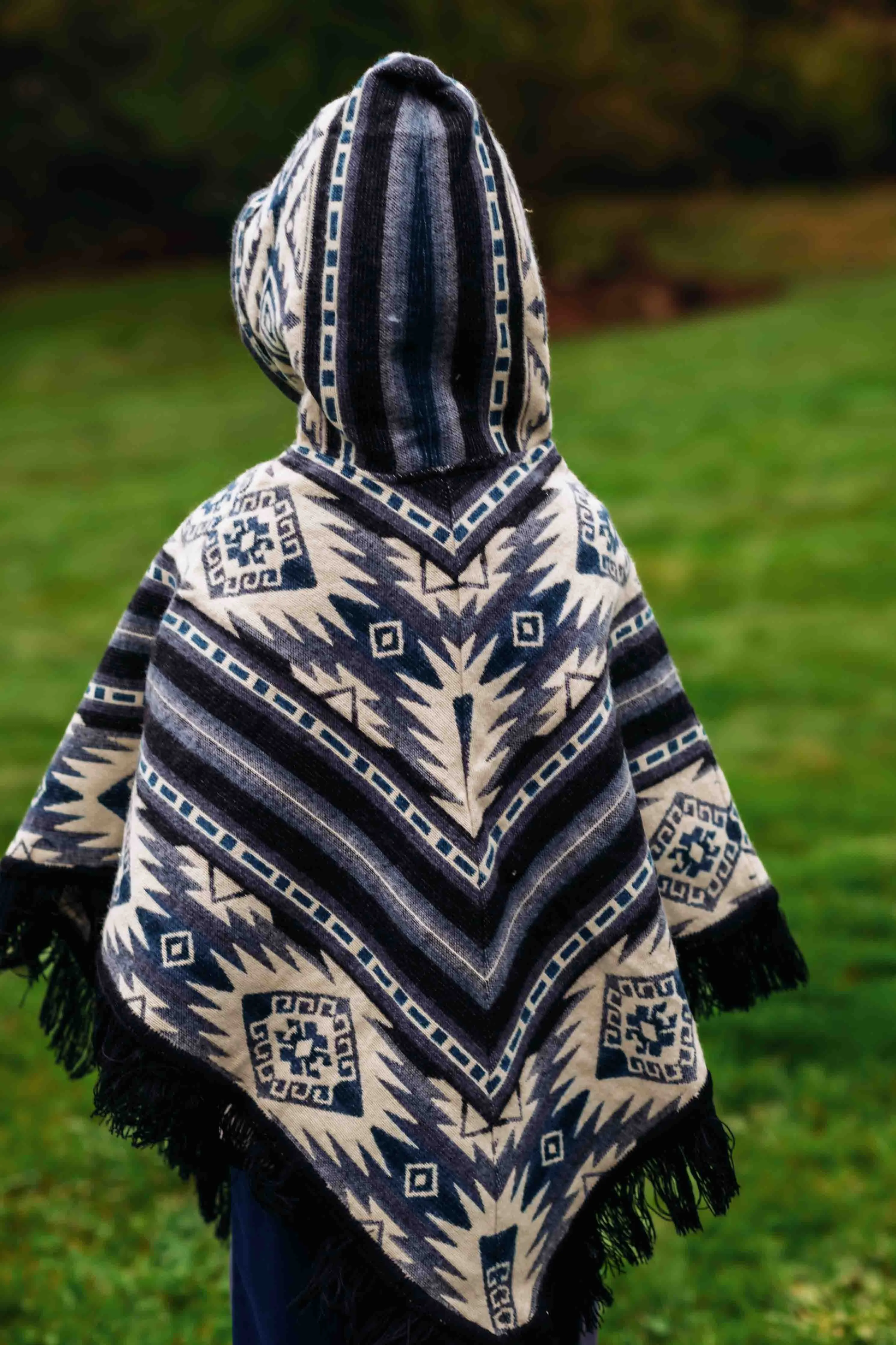 Toddler Kids Conquistador Alpaca Poncho - Blue - with Native Pattern Triangular Design