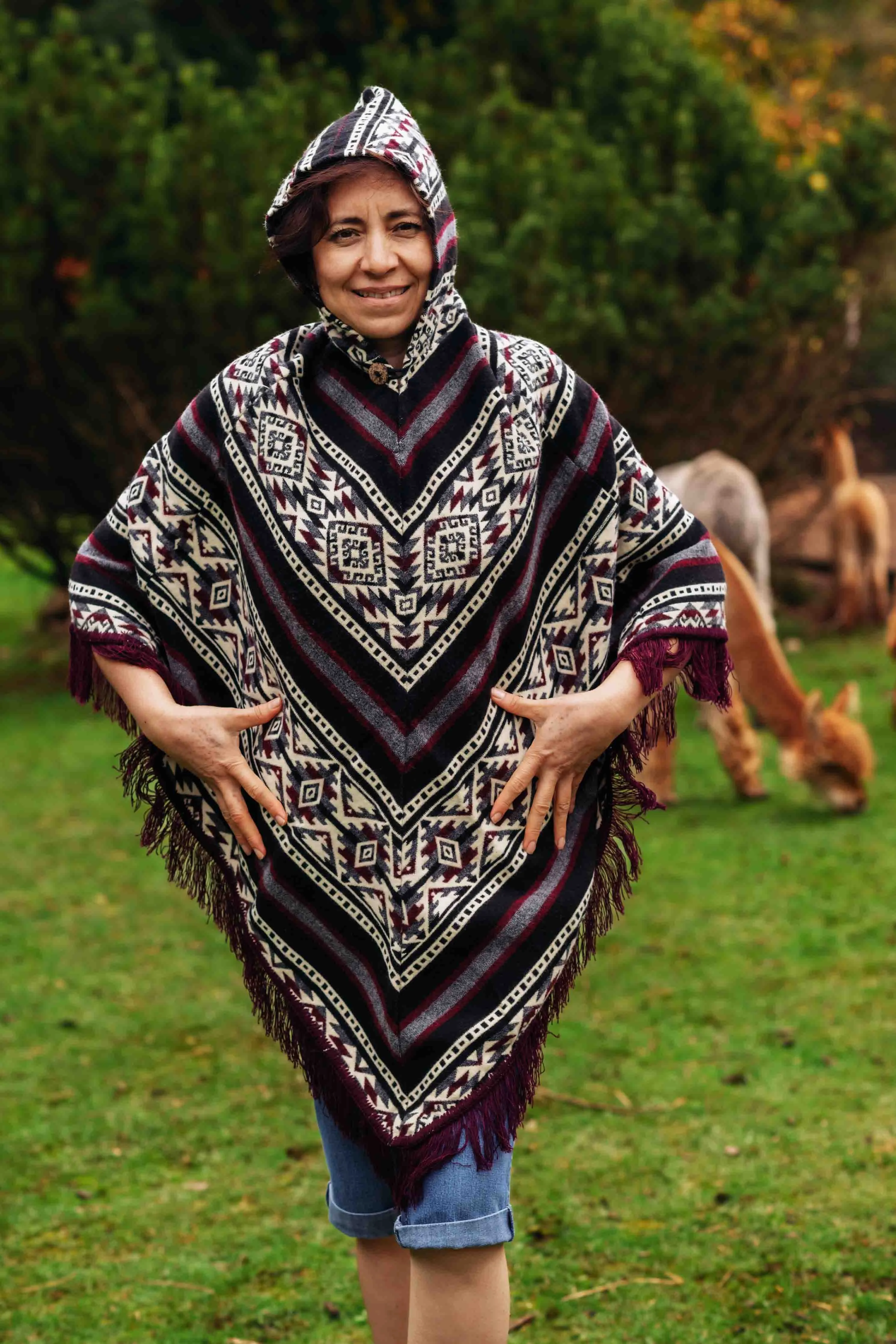 Toddler Kids Conquistador Alpaca Poncho - Jamaican - with Native Pattern Triangular Design