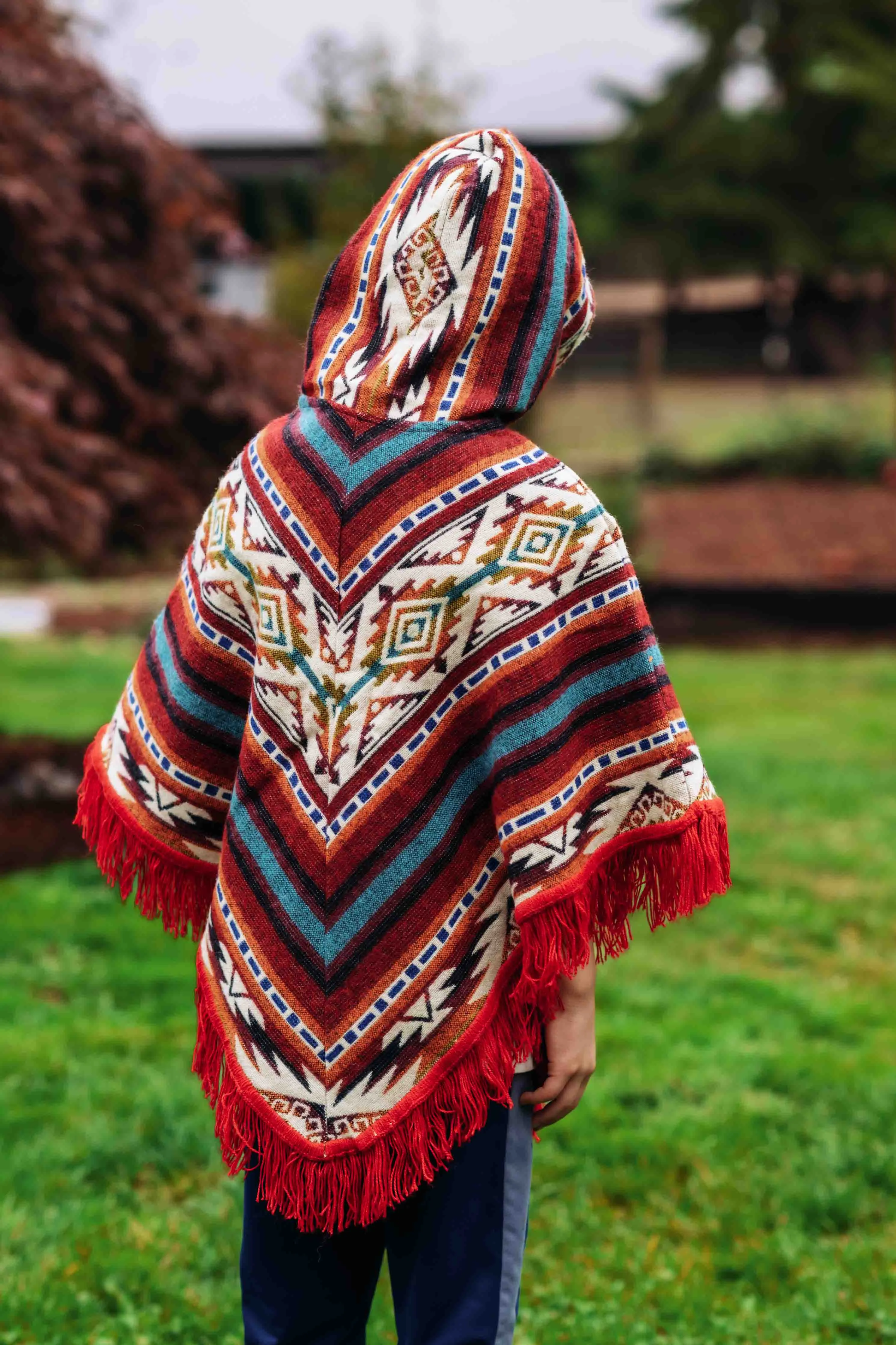 Toddler Kids Conquistador Alpaca Poncho - Jamaican - with Native Pattern Triangular Design