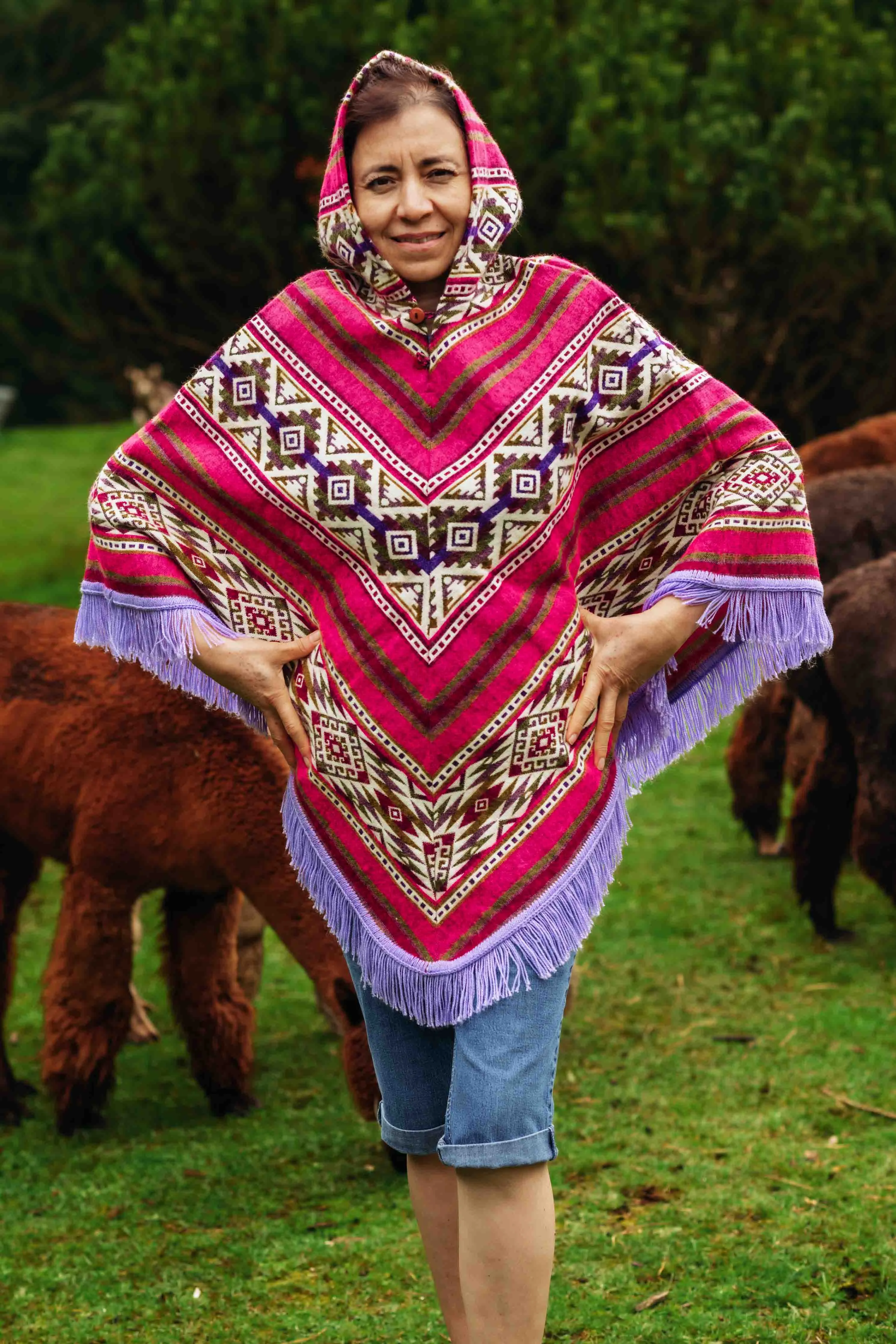 Toddler Kids Conquistador Alpaca Poncho - Jamaican - with Native Pattern Triangular Design