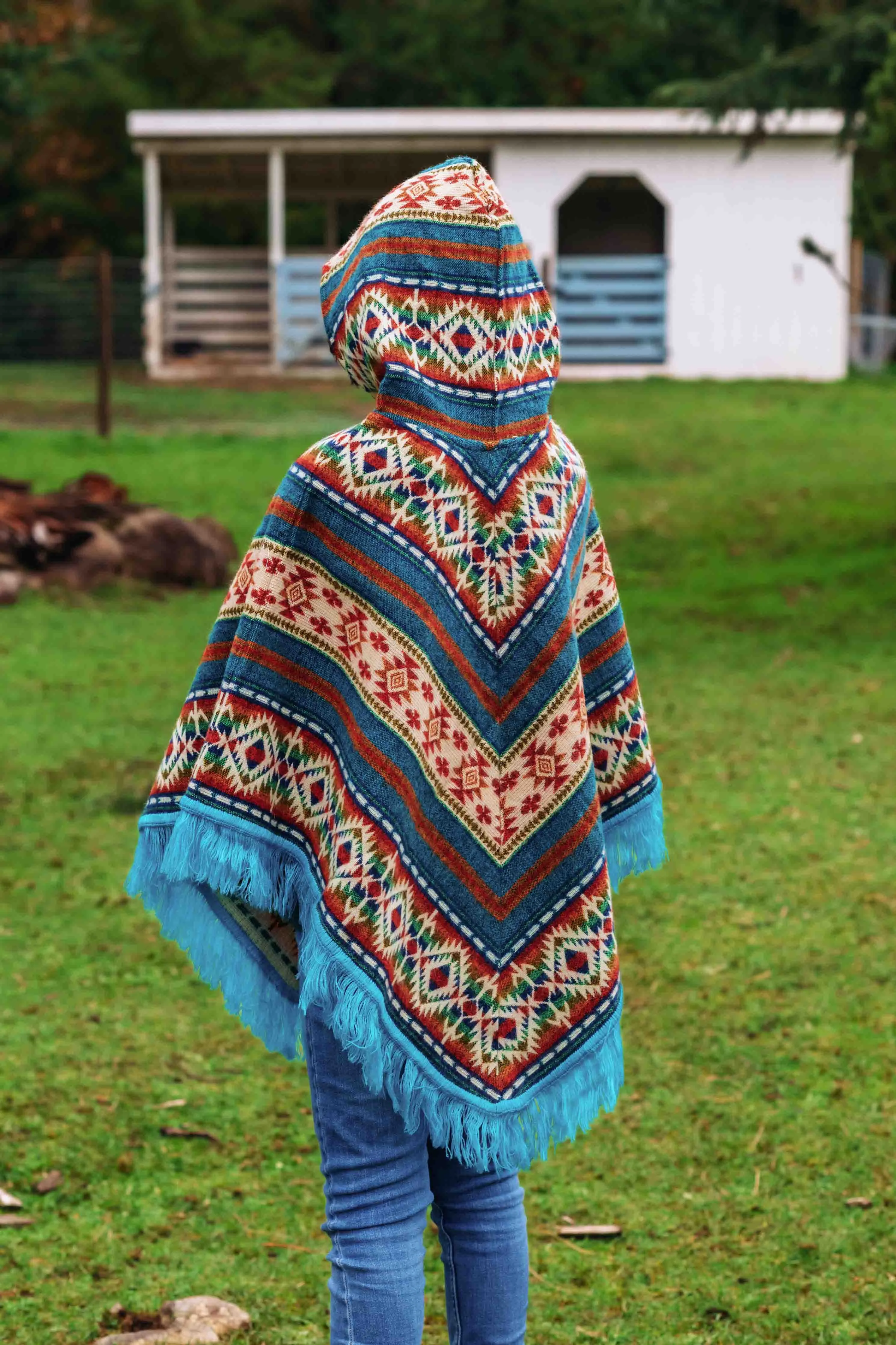 Toddler Kids Conquistador Alpaca Poncho - Jamaican - with Native Pattern Triangular Design