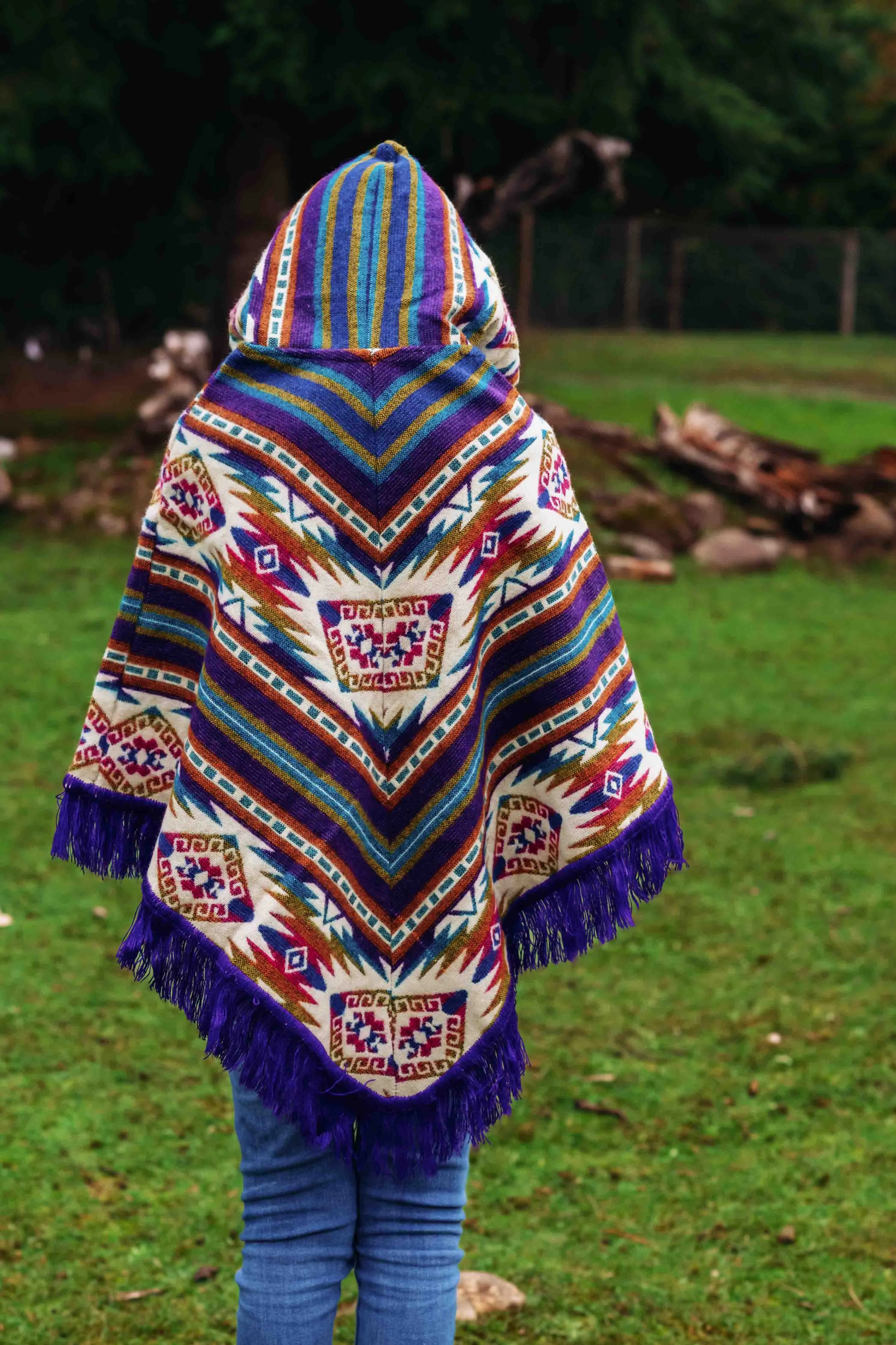 Toddler Kids Conquistador Alpaca Poncho - Jamaican - with Native Pattern Triangular Design