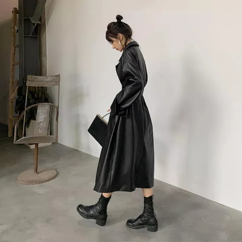 Trendy Long Oversized Leather Trench Coat