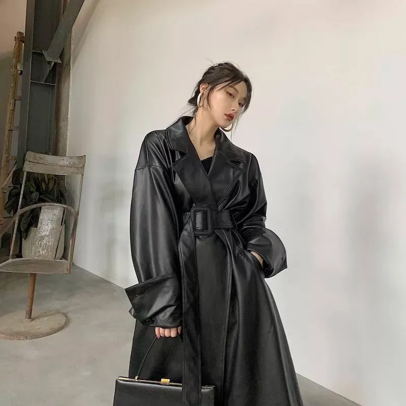 Trendy Long Oversized Leather Trench Coat