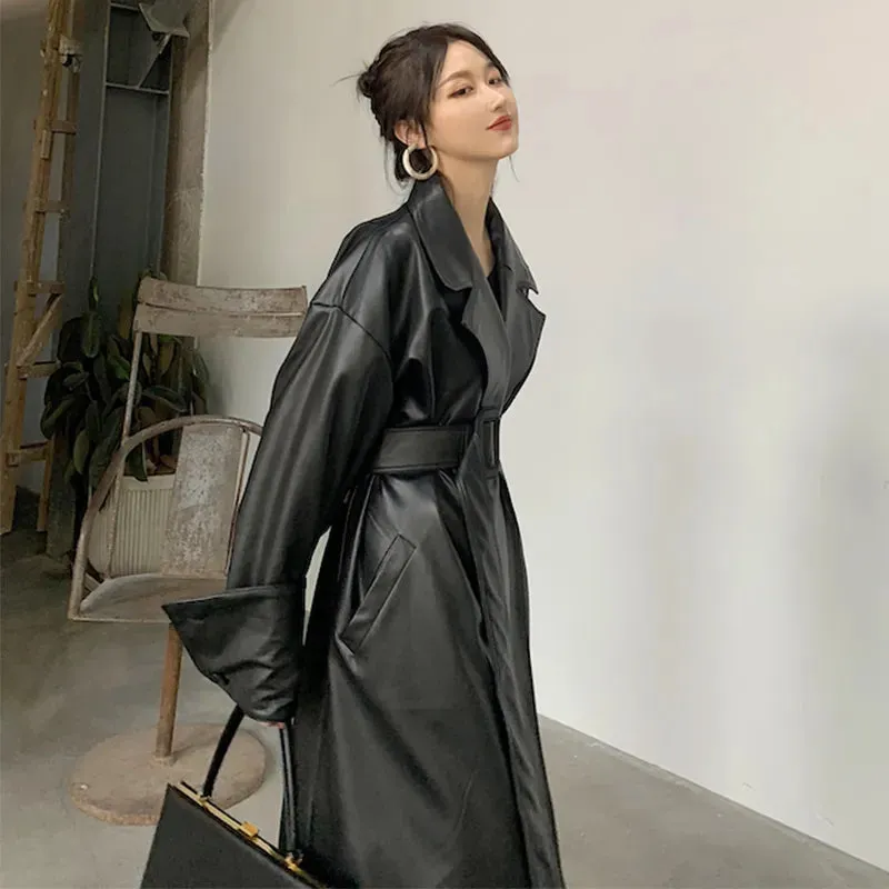 Trendy Long Oversized Leather Trench Coat