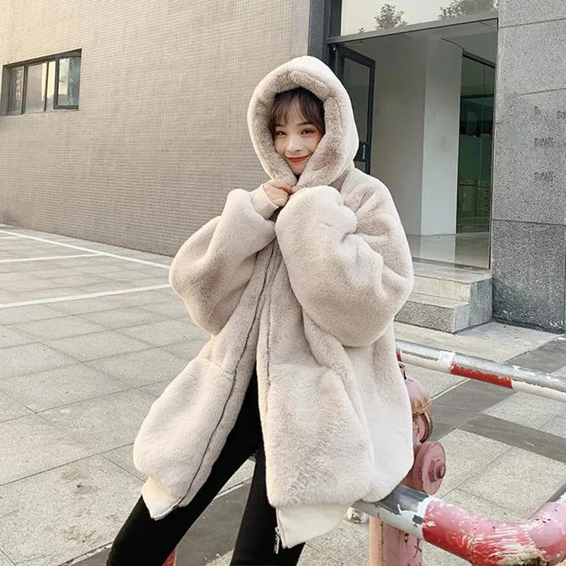 Winter Warm Thick Furry Faux Rabbit Fur Hooded Coats