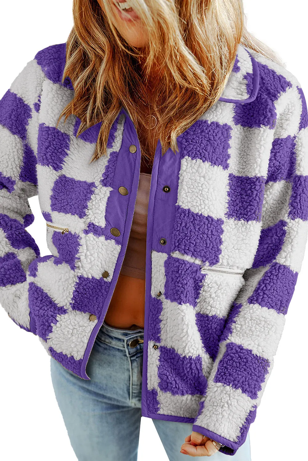 Women Plaid Fleece Jacket Snap Button Up Sherpa Winter Coats