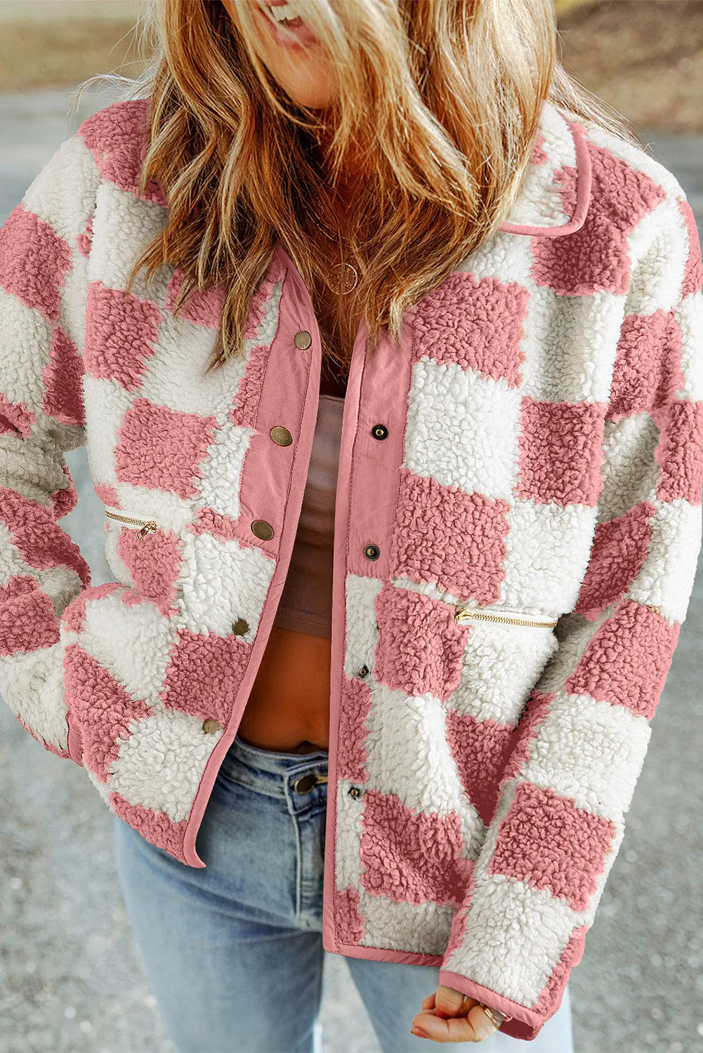 Women Plaid Fleece Jacket Snap Button Up Sherpa Winter Coats