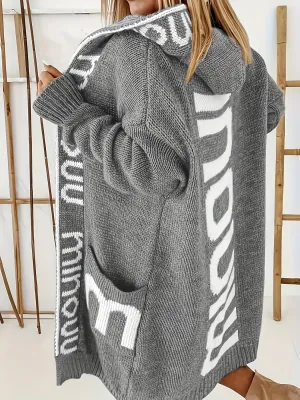 Womens Plus Size Letter Pattern Hooded Cardigan with Pockets