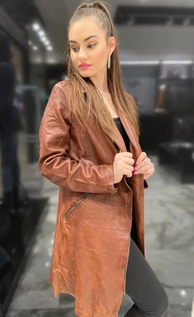 Women's Stylish Long Leather Coat